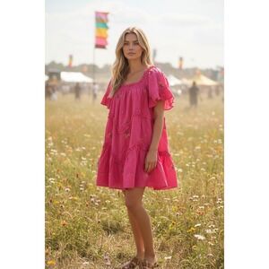 G.P.D. Pink Embroidered Tiered Ruffle Mini Dress Small NWT AM-3461